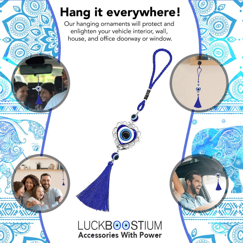 LUCKBOOSTIUM Evil Eye Hanging Ornament in Heart Shape Metal w/Blue Tassel Sign of Protection Blessing Strength & Power Home/Office Decorative Car Rear View Mirror Accessories Ornaments - Image 5
